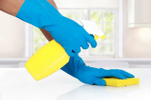 Mattress cleaning tools and fresh bedding on a bedroom bed